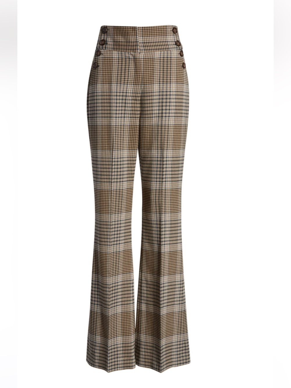 Halogen Brown Plaid Boot-Cut Flare Pants with Button Detail